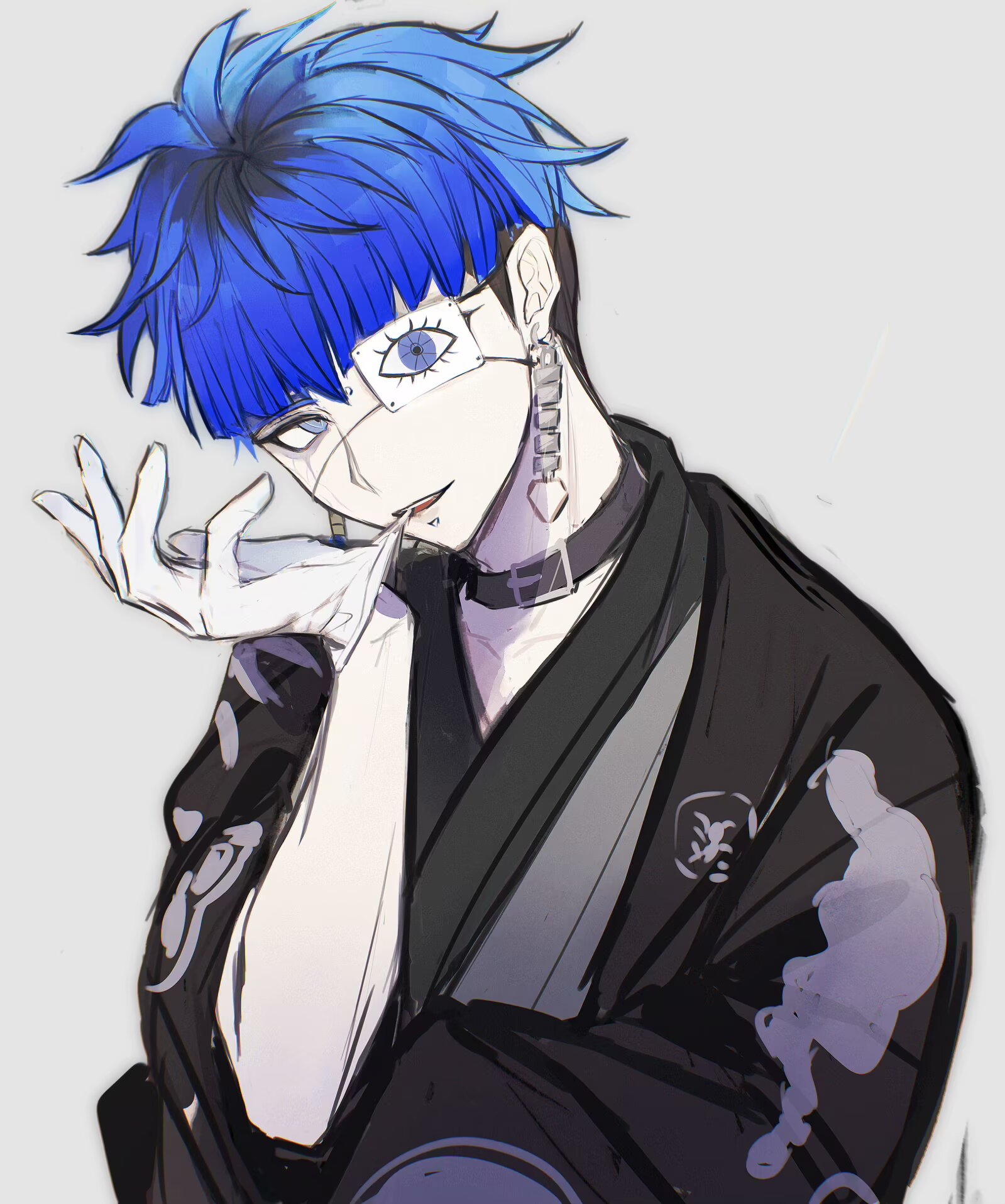 omokage yugamu, the hundred line -last defense academy-, highres, 1boy, biting, biting glove, black hair, black haori, blue hair, choker, earrings, eye print, eyepatch, face piercing, gloves, grey background, grey eyes, hand up, haori, japanese clothes, jewelry, kimfour, kimono, labret piercing, looking at viewer, male focus, multicolored hair, piercing, print eyepatch, removing glove, short hair, simple background, solo, upper body