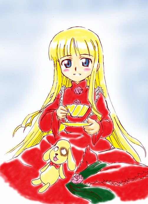 shinku, rozen maiden, tagme, 00s, 1girl, blonde hair, cup, female focus, solo, teacup
