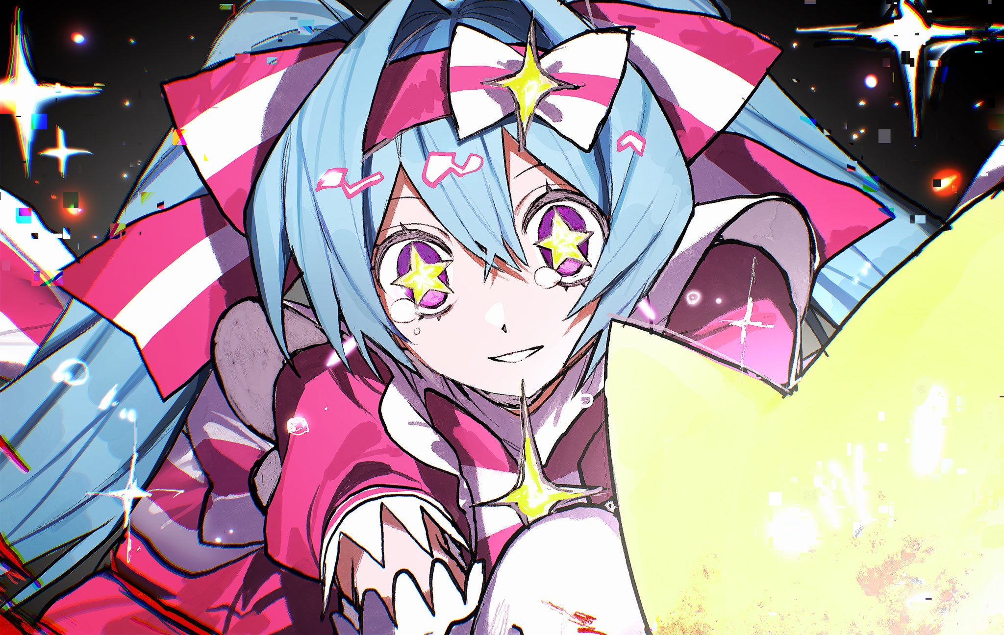 hatsune miku, vocaloid, highres, 1girl, akio n23, blue hair, bow hairband, dress, hair between eyes, hairband, ima sugu rinne (vocaloid), long hair, looking at viewer, parted lips, pink dress, pink hairband, solo, sparkle, star-shaped pupils, star (symbol), symbol-shaped pupils, twintails
