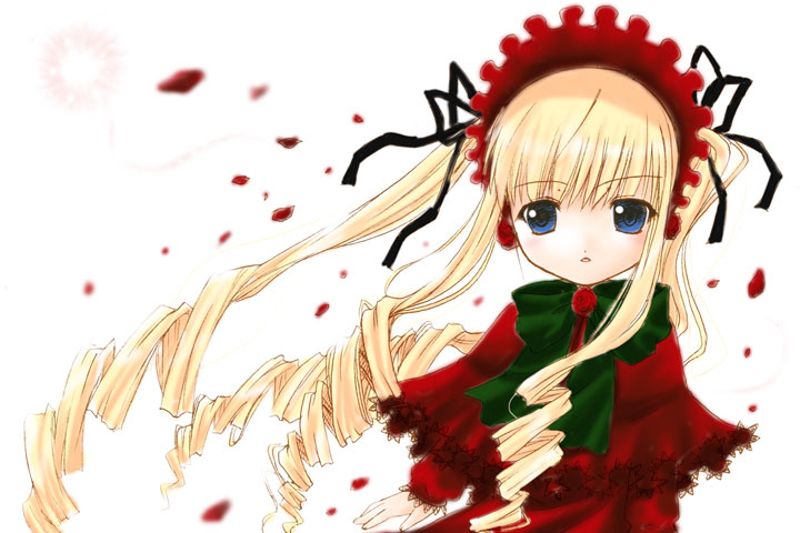 mizuna (water emp-tei), shinku, rozen maiden, 00s, 1girl, blonde hair, blue eyes, dress, drill hair, female focus, flower, frills, hairband, long hair, ribbon, rose, sidelocks, solo, twintails, very long hair