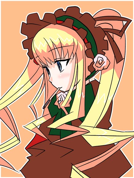 shinku, rozen maiden, screencap, 00s, 1girl, blonde hair, blue eyes, dress, drill hair, female focus, flower, frills, hairband, long hair, ribbon, rose, solo, twintails