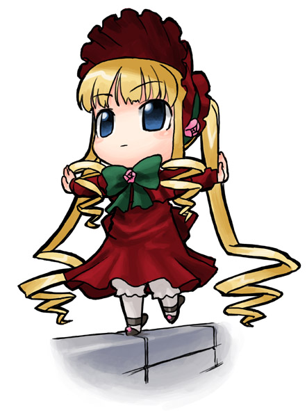 shinku, rozen maiden, white legwear, 00s, 1girl, balancing, blonde hair, blush, bow, bowtie, chibi, chibi only, dress, drill hair, female focus, full body, hat, leg up, long hair, long sleeves, outstretched arms, red dress, solo, standing, standing on one leg, twin drills, very long hair, wavy mouth