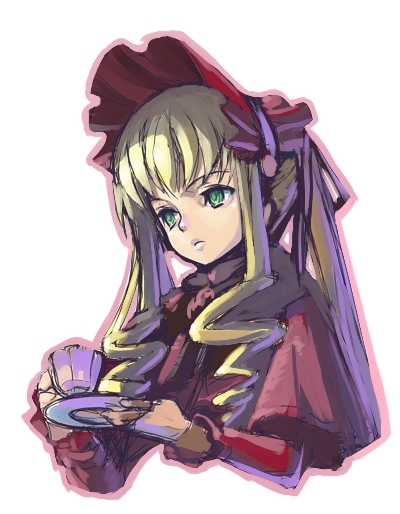 akaga hirotaka, shinku, rozen maiden, 00s, 1girl, blonde hair, capelet, close-up, cup, drill hair, female focus, green eyes, hat, lolita fashion, long hair, plate, ponytail, simple background, solo, teacup, twin drills