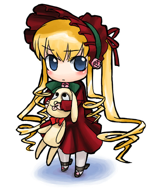 kunkun, shinku, rozen maiden, 00s, 1girl, blonde hair, blue eyes, blush, bow, bowtie, chibi, chibi only, dress, expressionless, female focus, hat, holding, long sleeves, looking at viewer, red dress, simple background, solo, standing, stuffed animal, stuffed toy, white background