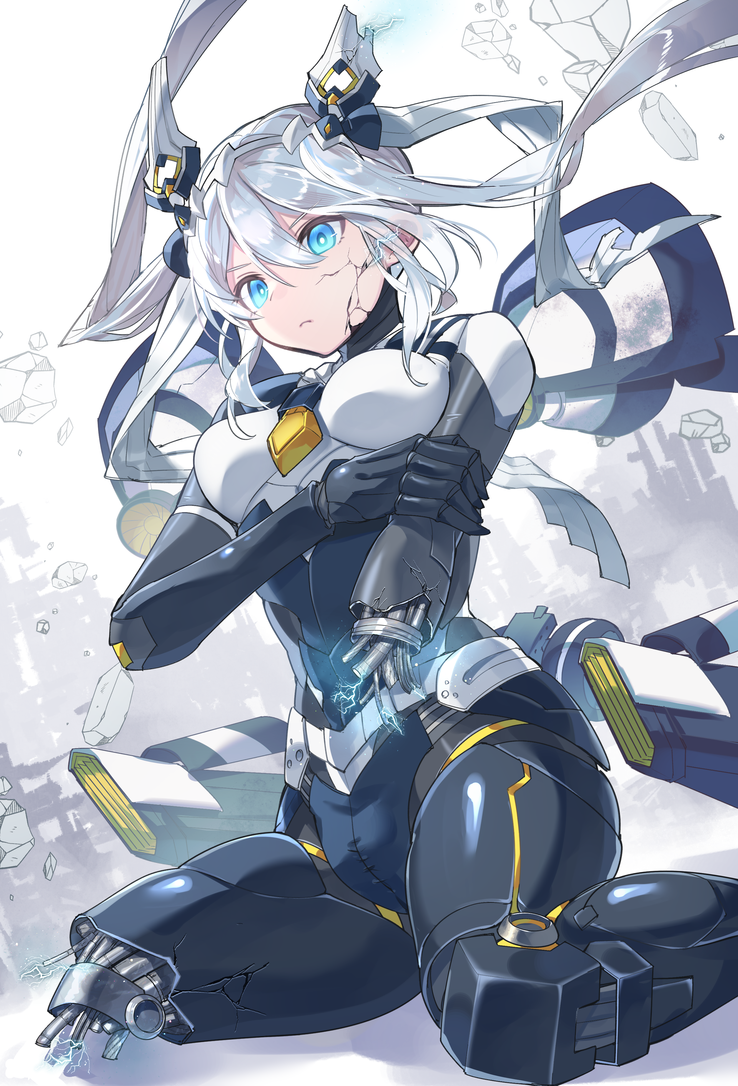 kuuron (moesann17), puzzle & dragons, absurdres, highres, 1girl, blue eyes, breasts, broken, broken arm, broken leg, broken vase, claudia (puzzle & dragons), eyes visible through hair, from below, hair between eyes, hair ornament, long hair, looking down, mechanical arms, mechanical legs, science fiction, solo, white hair
