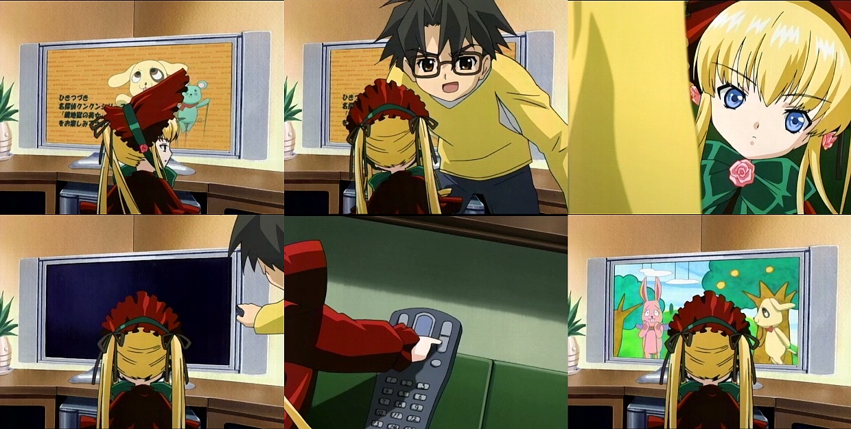kunkun, sakurada jun, shinku, rozen maiden, anime screenshot, 00s, 1boy, 1girl, black-framed eyewear, blonde hair, blue eyes, bow, bowtie, controller, desk, flower, frilled hat, frills, glasses, hat, indoors, long hair, long sleeves, looking at another, plant, potted plant, remote control, rose, shirt, television, twintails, very long hair, yellow shirt