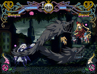 shinku, suigintou, rozen maiden, silver hair, lowres, 00s, 2girls, black dress, blonde hair, confrontation, dress, fangs, fighting, fighting game, floating, full body, hairband, health bar, lolita hairband, looking at another, magic, monster, multiple girls, outdoors, red dress, teeth, twintails