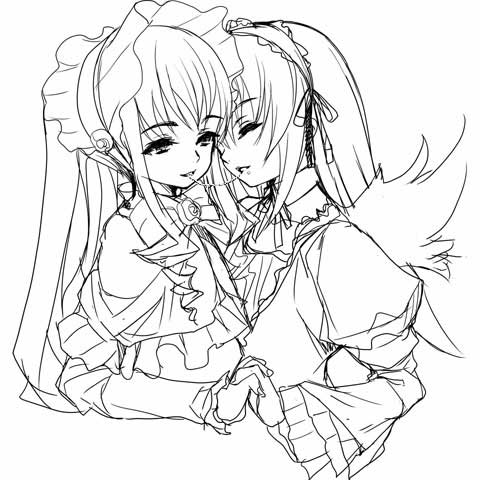shinku, suigintou, rozen maiden, lowres, 00s, 2girls, bonnet, greyscale, hairband, kiss, long hair, monochrome, multiple girls, saliva, saliva trail, wings, yuri