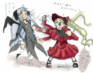 shinku, suigintou, rozen maiden, lowres, 00s, 2girls, black dress, black wings, blonde hair, dress, full body, hairband, hat, legs apart, lolita hairband, long sleeves, mary janes, motion lines, multiple girls, punching, red dress, shoes, simple background, standing, white background, wings