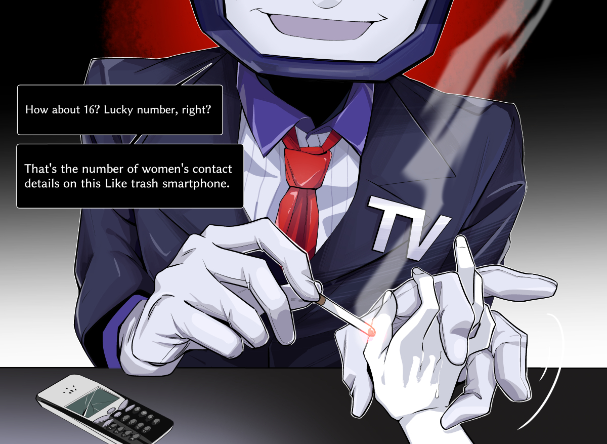 ant tenna, deltarune, utdr (toby fox), bilingual commentary, mixed-language commentary, 1boy, 1other, alternate universe, azuma9195, cigarette, collared shirt, cracked phone, crt, defernull, english text, gloves, grey gloves, holding, holding cigarette, holding hands, necktie, object head, red necktie, shirt, small sweatdrop, smile, smoke, smoke trail, speech bubble, white shirt