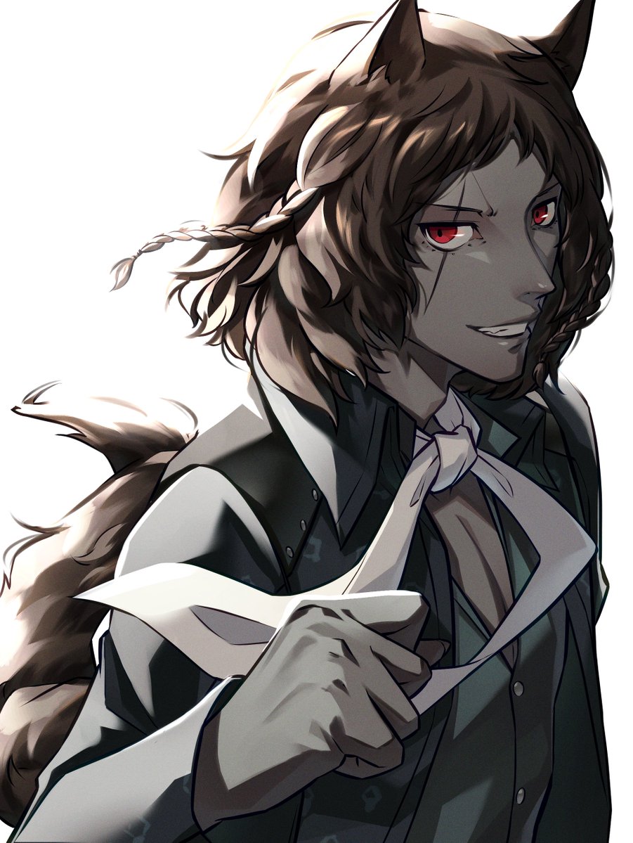 wanderstillart, basilio (metaphor: refantazio), metaphor: refantazio, commentary, 1boy, animal ears, aqua shirt, black hair, black jacket, braid, dark-skinned male, dark skin, floating hair, grin, jacket, long hair, long sleeves, looking at viewer, male focus, open clothes, open jacket, red eyes, scar, scar across eye, scar on face, shirt, simple background, smile, solo, tail, wavy hair, white background