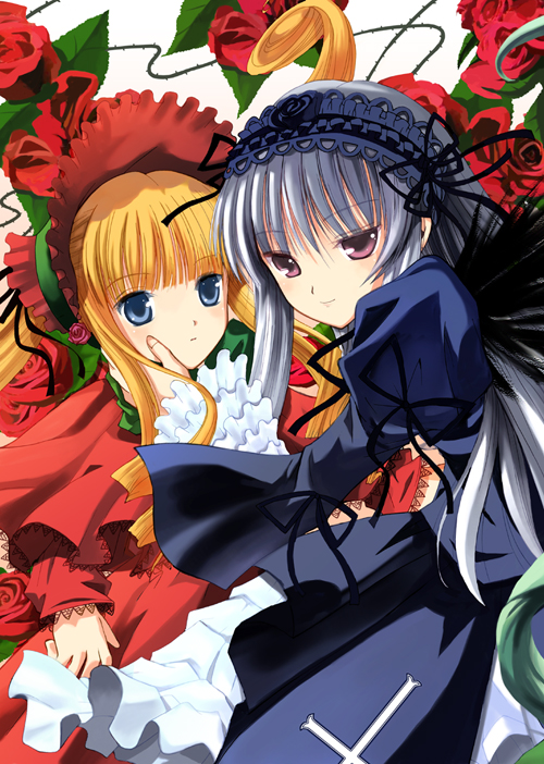 shinku, suigintou, rozen maiden, 00s, 2girls, blonde hair, blue eyes, blunt bangs, dress, drill hair, flower, frills, hairband, lace, long hair, long sleeves, multiple girls, purple eyes, ribbon, rose, twintails, white hair, wings