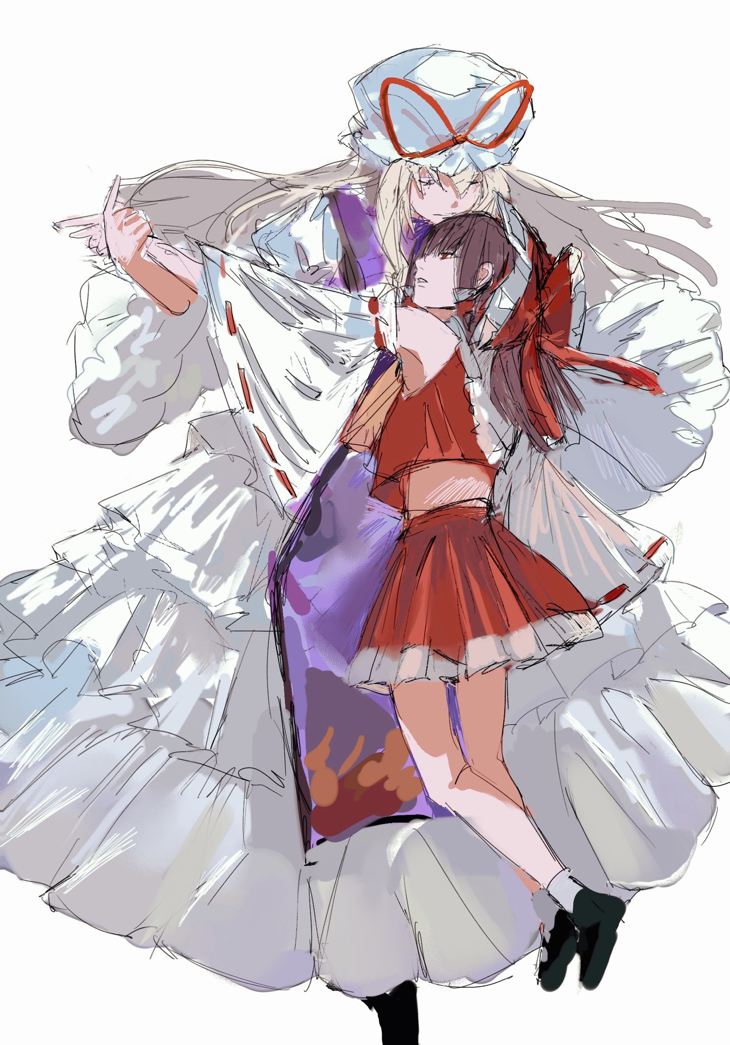 ashashio, hakurei reimu, yakumo yukari, touhou, highres, 2girls, bare shoulders, black shoes, blonde hair, bow, brown hair, detached sleeves, dress, hair bow, hair tubes, hat, holding hands, midriff, mob cap, multiple girls, nontraditional miko, purple tabard, red bow, red shirt, red skirt, ribbon-trimmed sleeves, ribbon trim, shirt, shoes, simple background, skirt, sleeveless, sleeveless shirt, socks, tabard, white background, white dress, white hat, white socks, wide sleeves