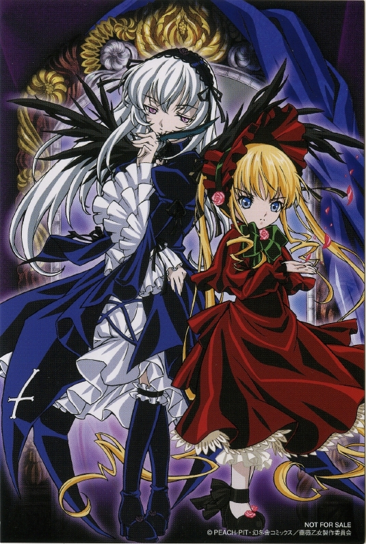 shinku, suigintou, rozen maiden, silver hair, 00s, 2girls, black wings, blonde hair, blue eyes, dress, feathers, flower, hand to own mouth, height difference, long hair, multiple girls, petals, red eyes, rose, standing, wings