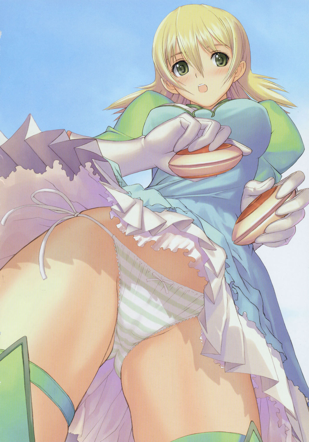 tony taka, gaball, zoids, zoids genesis, highres, 00s, 1girl, blonde hair, blush, boots, cameltoe, crotch, dress, female focus, from below, globes, green dress, green eyes, lace, lace-trimmed panties, lace trim, lingerie, looking at viewer, open mouth, panties, pantyshot, petticoat, short hair, side-tie panties, solo, striped clothes, striped panties, thigh boots, thighhighs, underwear, upskirt