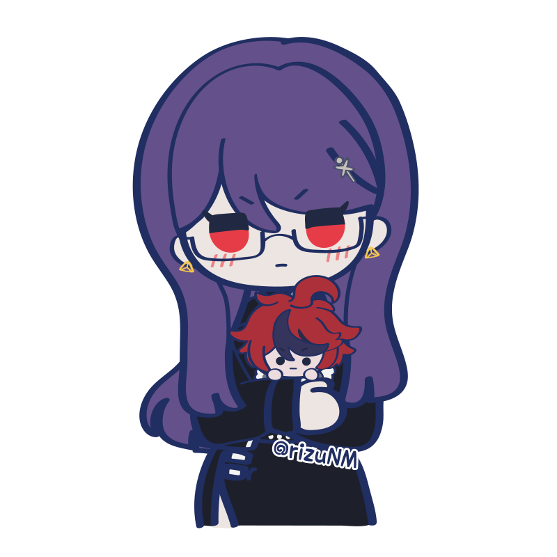 rizu (rizunm), shizuhara hiruko, sumino takumi, the hundred line -last defense academy-, 1girl, black dress, blush, character doll, chibi, doll, dress, earrings, glasses, hair ornament, hugging doll, hugging object, jewelry, long hair, long sleeves, looking at viewer, purple hair, red eyes, simple background, solo, twitter username, white background