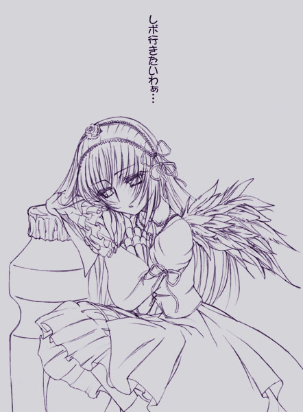 suigintou, rozen maiden, tagme, 00s, 1girl, blue background, female focus, lolita fashion, monochrome, simple background, solo