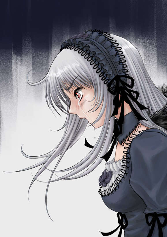 suigintou, rozen maiden, silver hair, 00s, from side, gothic lolita, lolita fashion, red eyes, solo, tears
