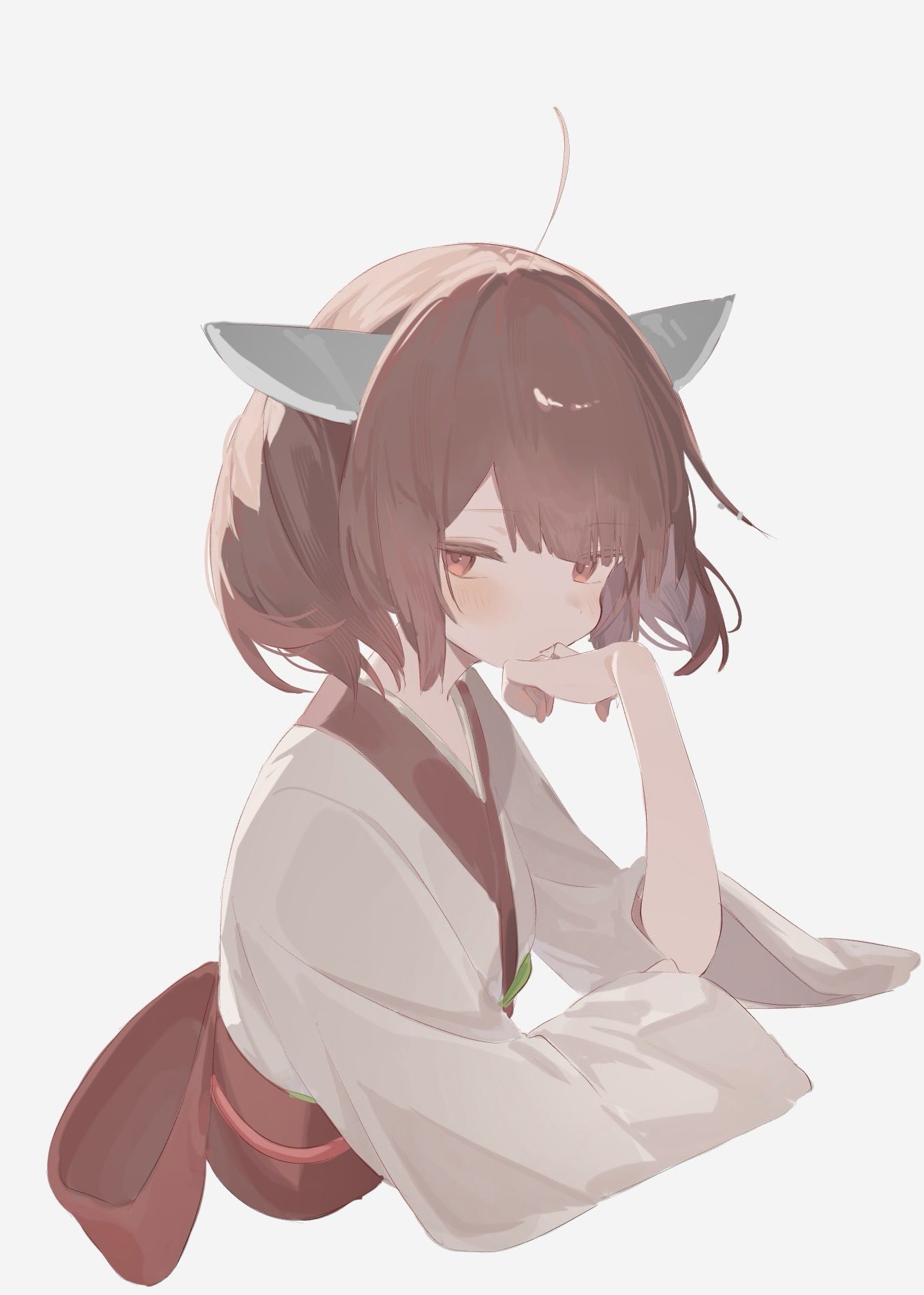 yorky (0614yorky), touhoku kiritan, voiceroid, commentary request, highres, 1girl, ahoge, arm rest, blunt bangs, blush, brown hair, cropped torso, elbow rest, finger to mouth, headgear, japanese clothes, kimono, knife, long sleeves, looking to the side, obi, red eyes, sash, short hair, simple background, solo, swept bangs, white background, white kimono, wide sleeves