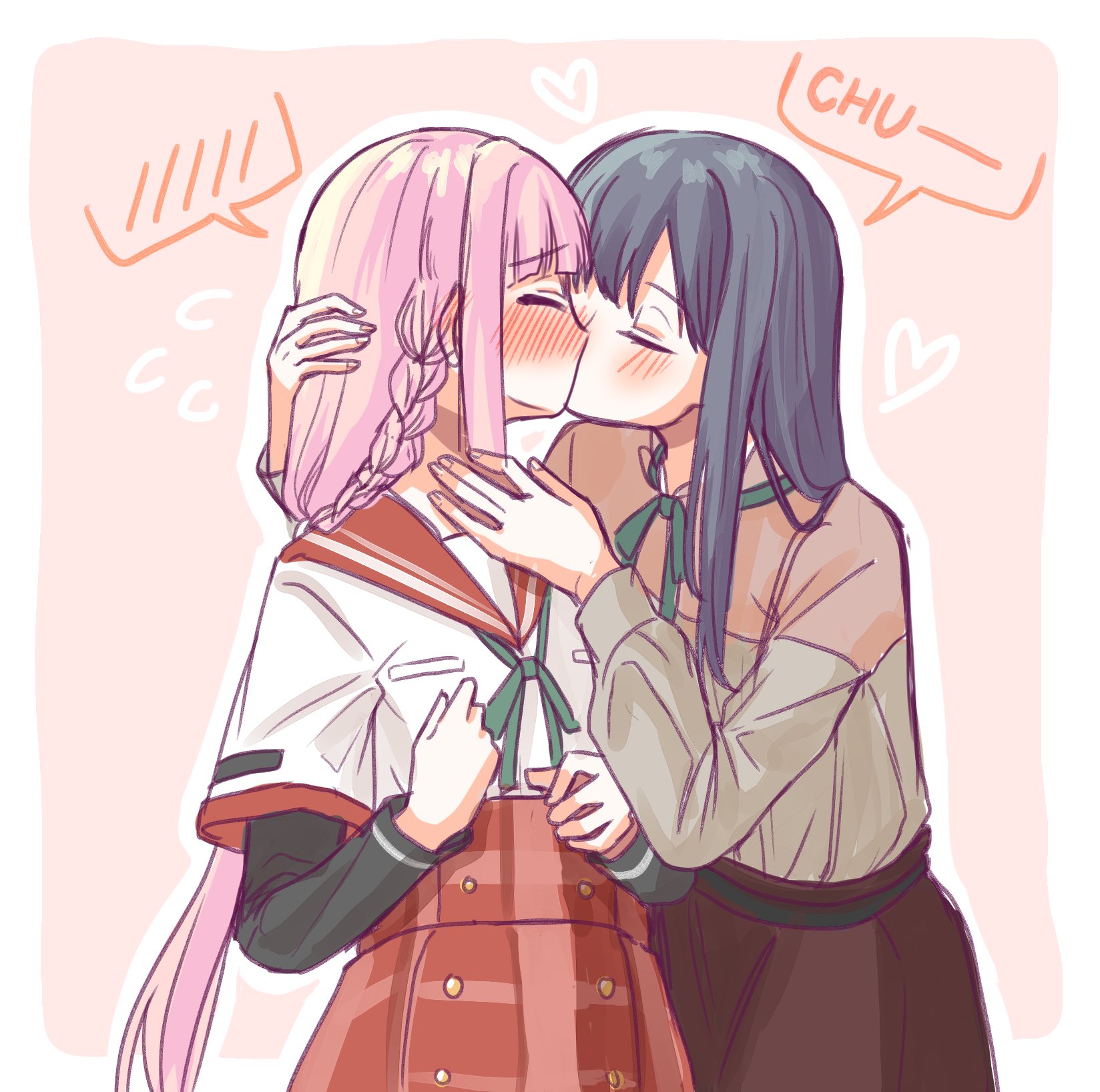begyo, nanami yachiyo, tamaki iroha, magia record: mahou shoujo madoka magica gaiden, mahou shoujo madoka magica, commentary request, highres, korean commentary, 2girls, aqua ribbon, black hair, black shirt, blush, border, braid, brown shirt, brown skirt, closed eyes, couple, cowboy shot, heart, high-waist skirt, kiss, long hair, multiple girls, outline, outside border, pink background, pink hair, raised inner eyebrows, red sailor collar, red skirt, ribbon, sailor collar, school uniform, serafuku, shirt, shirt tucked in, short sleeves, side braid, skirt, speech bubble, spoken blush, standing, straight hair, undershirt, white border, white shirt, yuri