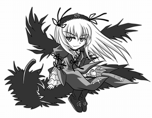 suigintou, rozen maiden, lowres, 00s, 1girl, ankle boots, boots, cross, cross print, dress, female focus, flower, full body, greyscale, hair ribbon, hairband, lolita hairband, monochrome, ribbon, rose, simple background, sitting, solo, white background, wings