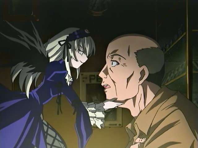 suigintou, rozen maiden, silver hair, anime screenshot, 00s, 1boy, 1girl, bald, black wings, blue dress, dress, frilled sleeves, frills, from side, hairband, hand on another's chin, indoors, lolita hairband, long sleeves, looking at another, old, old man, shelf, wings