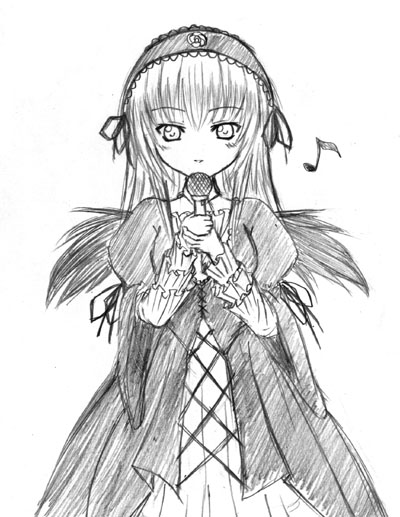 suigintou, rozen maiden, 00s, 1girl, female focus, greyscale, hairband, holding, holding microphone, layered sleeves, long hair, microphone, monochrome, musical note, quaver, ribbon, simple background, sketch, solo, wings
