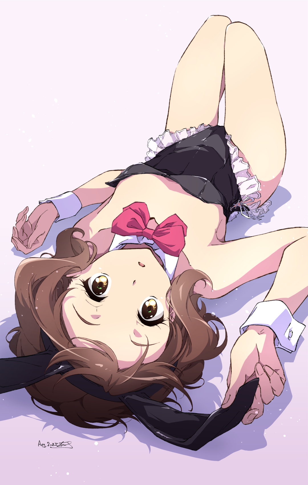 nii manabu, oumae kumiko, hibike! euphonium, highres, 1girl, animal ear hairband, animal ears, black leotard, bow, bowtie, breasts, brown eyes, brown hair, fake animal ears, hairband, leotard, looking at viewer, lying, on back, pink bow, pink bowtie, playboy bunny, rabbit ear hairband, rabbit ears, small breasts, solo, upside-down