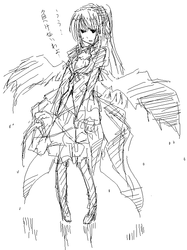 suigintou, rozen maiden, 00s, 1girl, female focus, greyscale, lolita fashion, monochrome, sketch, solo
