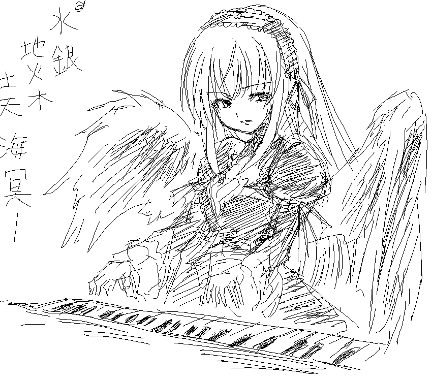 suigintou, rozen maiden, 00s, 1girl, female focus, greyscale, hairband, instrument, keyboard (instrument), lolita hairband, long sleeves, looking to the side, monochrome, music, oekaki, parted lips, playing instrument, sidelocks, simple background, sketch, solo, upper body, white background, wings