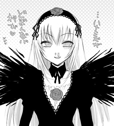 suigintou, rozen maiden, lowres, 00s, 1girl, blood, collarbone, detached collar, female focus, flower, grey background, greyscale, hairband, lolita hairband, looking at viewer, monochrome, nosebleed, rose, simple background, solo, upper body, wings