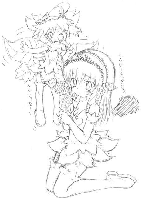suigintou, rozen maiden, 00s, 2girls, ;d, ahoge, bare shoulders, blush, boots, collarbone, contrapposto, dancing, dress, elbow gloves, expressionless, full body, gloves, greyscale, hair ornament, hairband, kneeling, leaf, leaf hair ornament, lolita hairband, monochrome, multiple girls, one eye closed, open mouth, simple background, sketch, smile, standing, strapless, strapless dress, thigh boots, thighhighs, white background, wings, zettai ryouiki