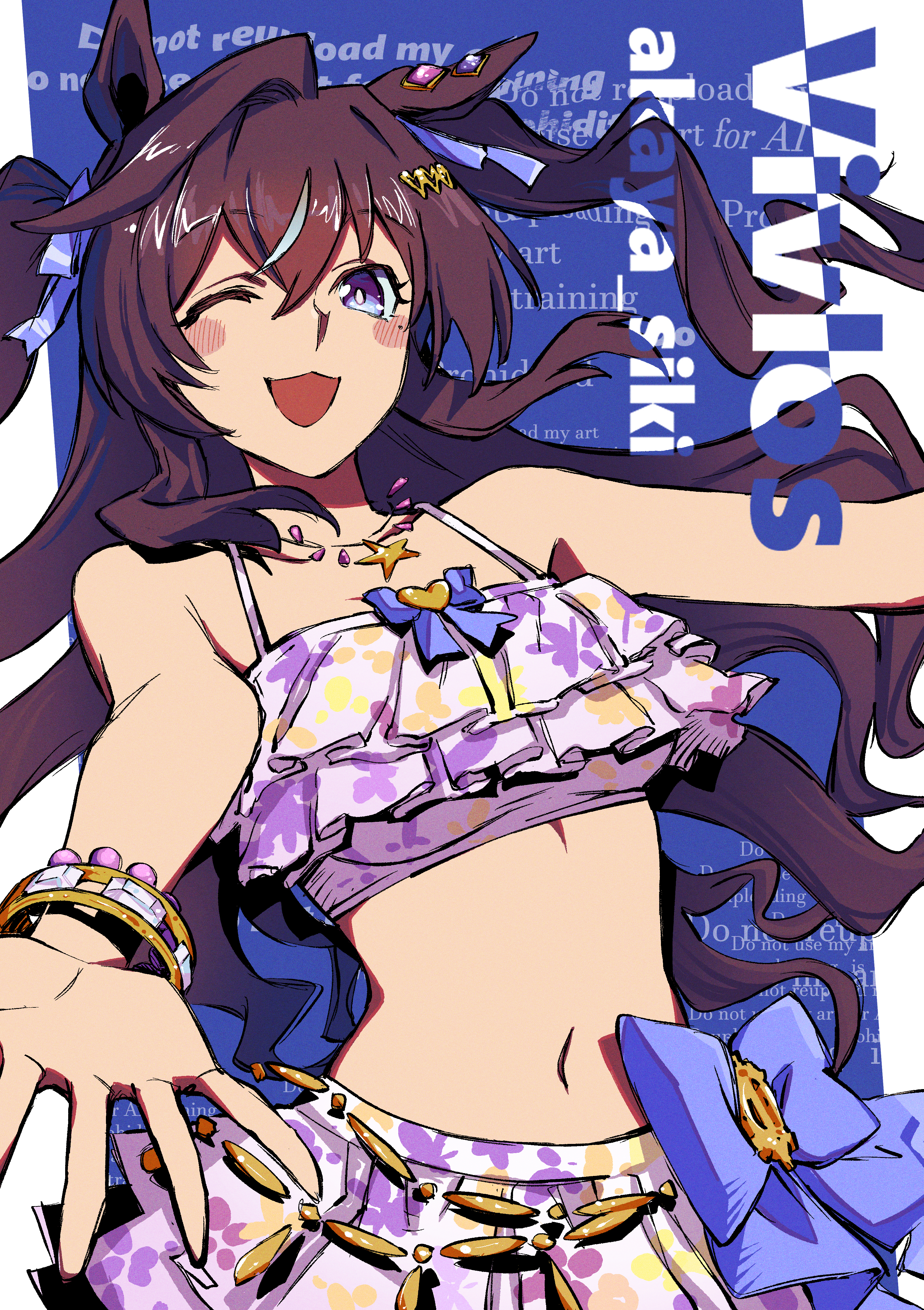 akaya shiki, vivlos (finest smile – liftoff!) (umamusume), vivlos (umamusume), umamusume, absurdres, highres, 1girl, ;d, animal ears, bikini, blue background, blue eyes, blush, brown hair, character name, horse ears, long hair, looking at viewer, mole, mole under eye, multicolored hair, navel, official alternate costume, official alternate hairstyle, one eye closed, open mouth, purple bikini, smile, solo, streaked hair, swimsuit