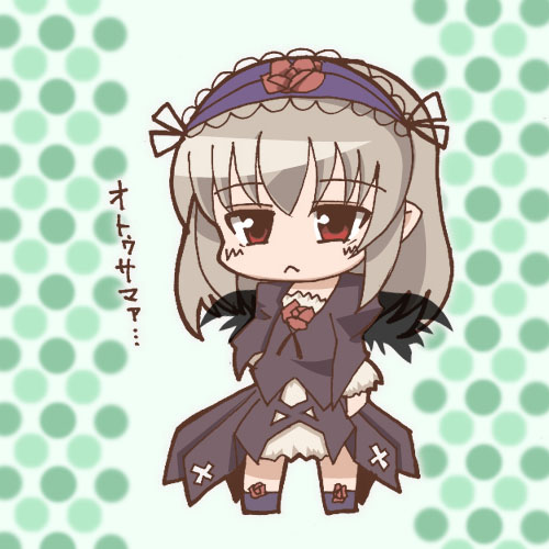 suigintou, rozen maiden, silver hair, lowres, 00s, 1girl, :<, black dress, blush, chibi, chibi only, crossed arms, dress, female focus, flower, full body, hairband, lolita hairband, long hair, long sleeves, red eyes, red flower, red rose, rose, simple background, solo, standing