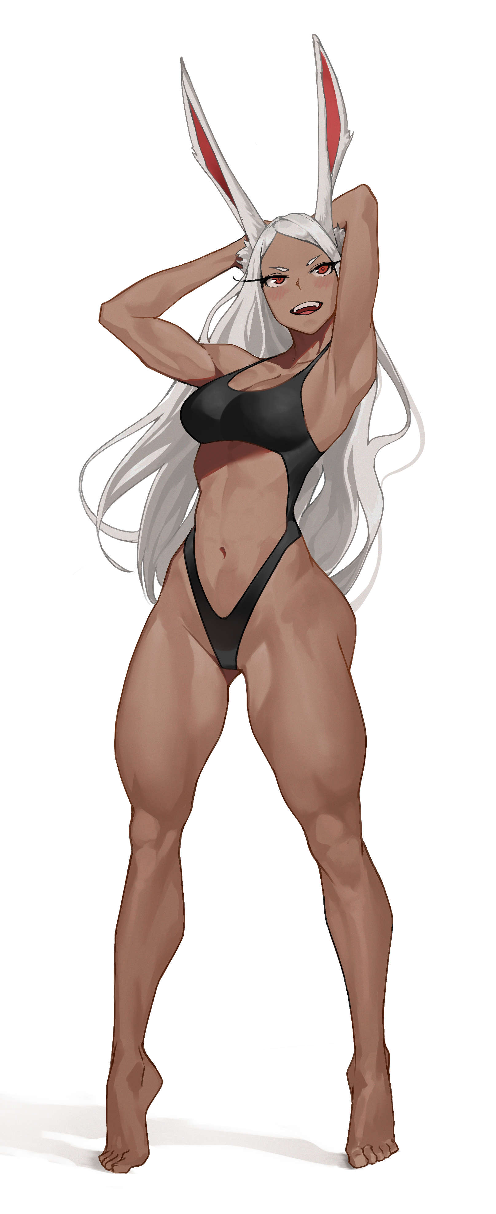 tbocart, mirko, boku no hero academia, absurdres, commentary, english commentary, highres, 1girl, animal ear fluff, animal ears, armpits, arms behind head, arms up, bare arms, bare legs, bare shoulders, barefoot, black one-piece swimsuit, blush, breasts, clothing cutout, collarbone, dark-skinned female, dark skin, feet, full body, highleg, highleg one-piece swimsuit, large breasts, legs, long eyelashes, long hair, long legs, looking at viewer, navel, one-piece swimsuit, open mouth, parted bangs, rabbit ears, rabbit girl, red eyes, shadow, short eyebrows, simple background, smile, solo, standing, stomach, stomach cutout, swimsuit, teeth, thick thighs, thighs, tiptoes, toes, toned, toned female, upper teeth only, very long hair, white background, white hair