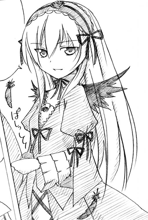 takami ryou, suigintou, rozen maiden, 00s, 1girl, cowboy shot, cross-laced clothes, female focus, flower, frilled sleeves, frills, greyscale, grin, hairband, lolita hairband, long sleeves, looking at viewer, monochrome, parted lips, ribbon, rose, simple background, sketch, smile, solo, teeth, white background, wings