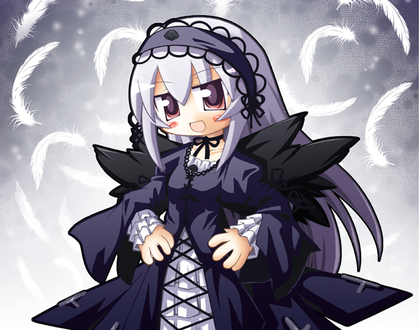 suigintou, rozen maiden, silver hair, 00s, 1girl, :d, black wings, blush, choker, dress, feathers, female focus, frilled sleeves, frills, gothic lolita, hairband, hands on own hips, lolita fashion, lolita hairband, long hair, long sleeves, looking at viewer, open mouth, red eyes, ribbon choker, smile, solo, wings