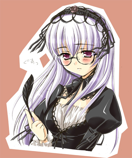 setins, suigintou, rozen maiden, 00s, 1girl, blush, brown background, dress, feathers, female focus, glasses, gothic lolita, grey hair, lolita fashion, long hair, purple eyes, ribbon-trimmed dress, ribbon trim, solo