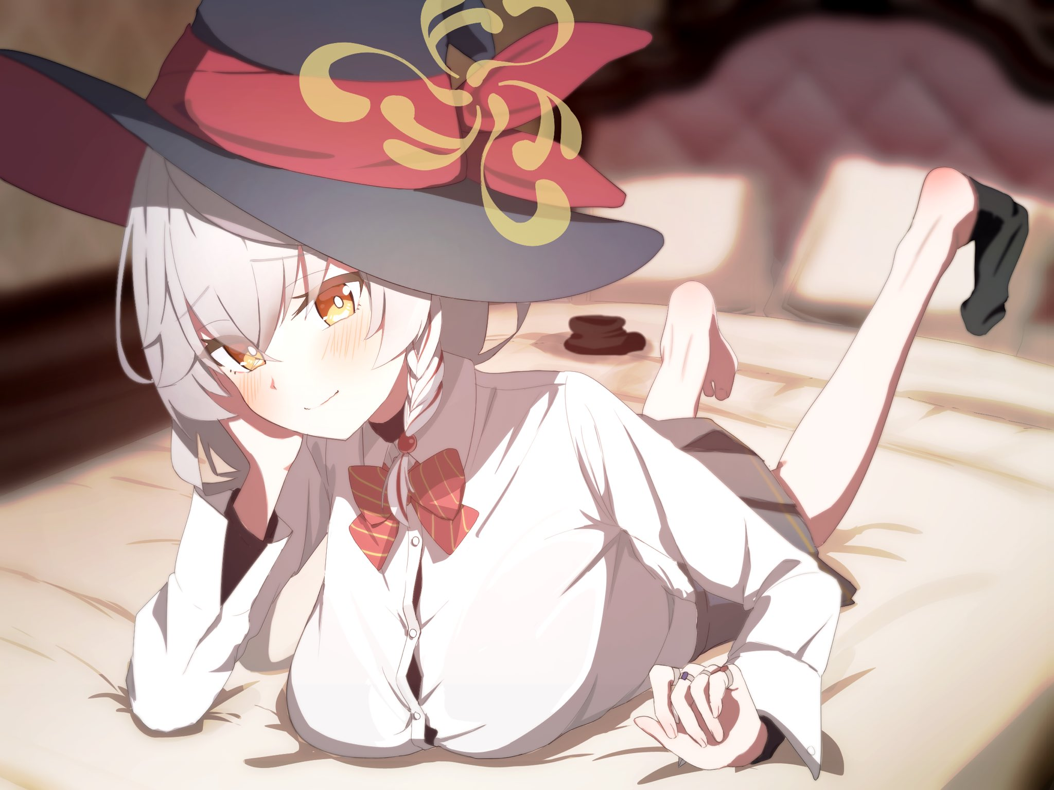 eri (blue archive), blue archive, bed, bow, bowtie, braid, halo, hat, jewelry, long hair, lying, on stomach, ring, shirt, skirt, socks, sweater, unworn socks, white hair, witch hat