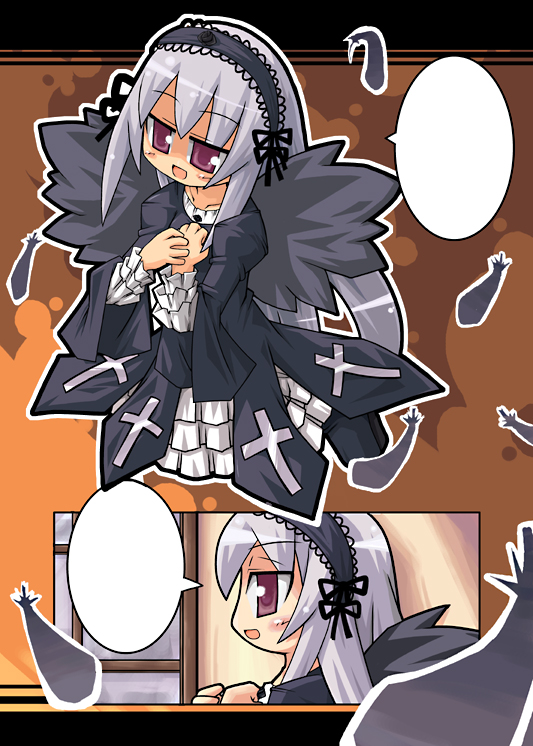 herada mitsuru, suigintou, rozen maiden, unfinished, 00s, 1girl, :d, black dress, black feathers, blank speech bubble, blush, comic, cross, cross print, dress, feathers, frilled dress, frills, hairband, lolita hairband, long hair, open mouth, pink eyes, smile, speech bubble, very long hair