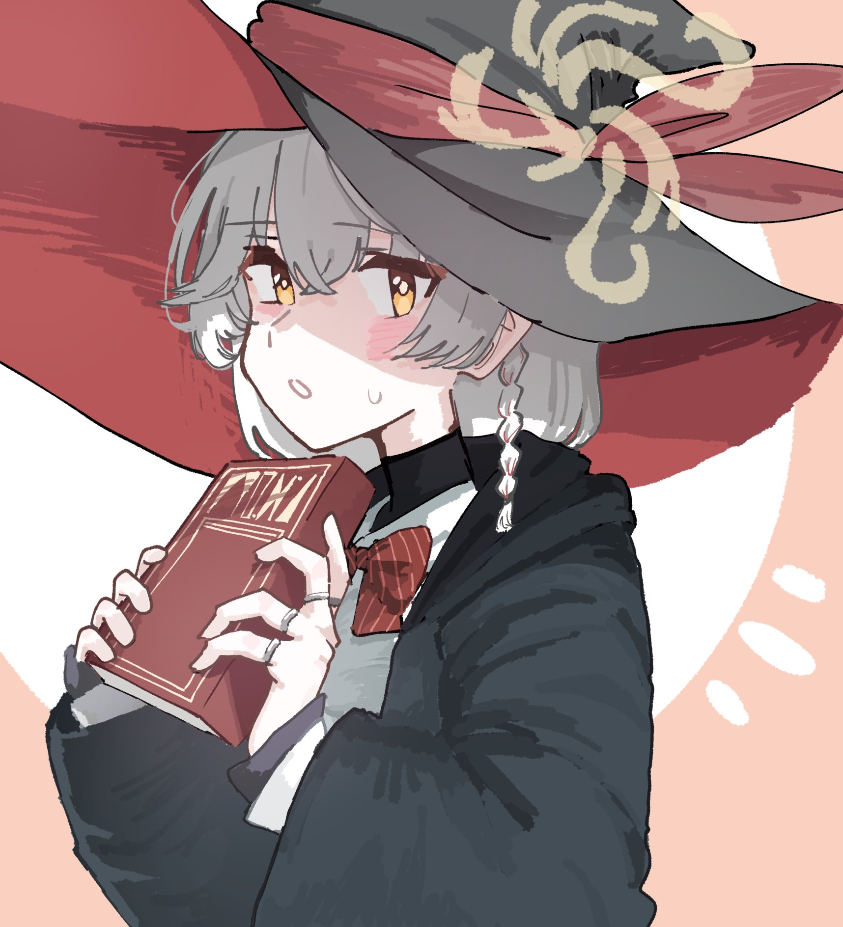 eri (blue archive), blue archive, book, bow, bowtie, braid, halo, hat, holding, holding book, jacket, jewelry, long coat, long hair, ring, shirt, skirt, sweater, white hair, witch hat