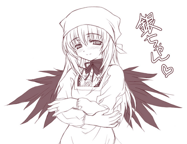 aoi kumiko, suigintou, rozen maiden, translation request, 00s, 1girl, apron, female focus, monochrome, pink theme, solo
