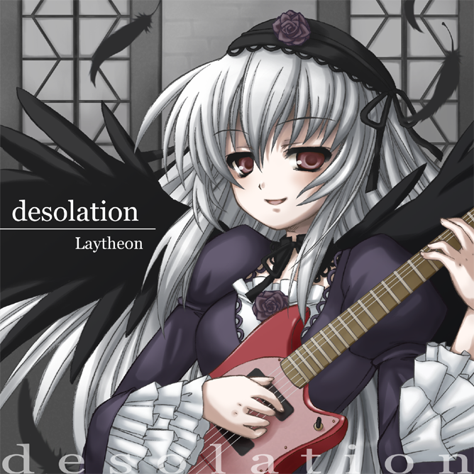 suigintou, rozen maiden, silver hair, 00s, 1girl, black wings, cover, detached collar, electric guitar, feathers, female focus, flower, frilled sleeves, frills, gothic lolita, guitar, hairband, instrument, lolita fashion, lolita hairband, long hair, long sleeves, looking at viewer, playing guitar, playing instrument, red eyes, rose, smile, solo, upper body, wings
