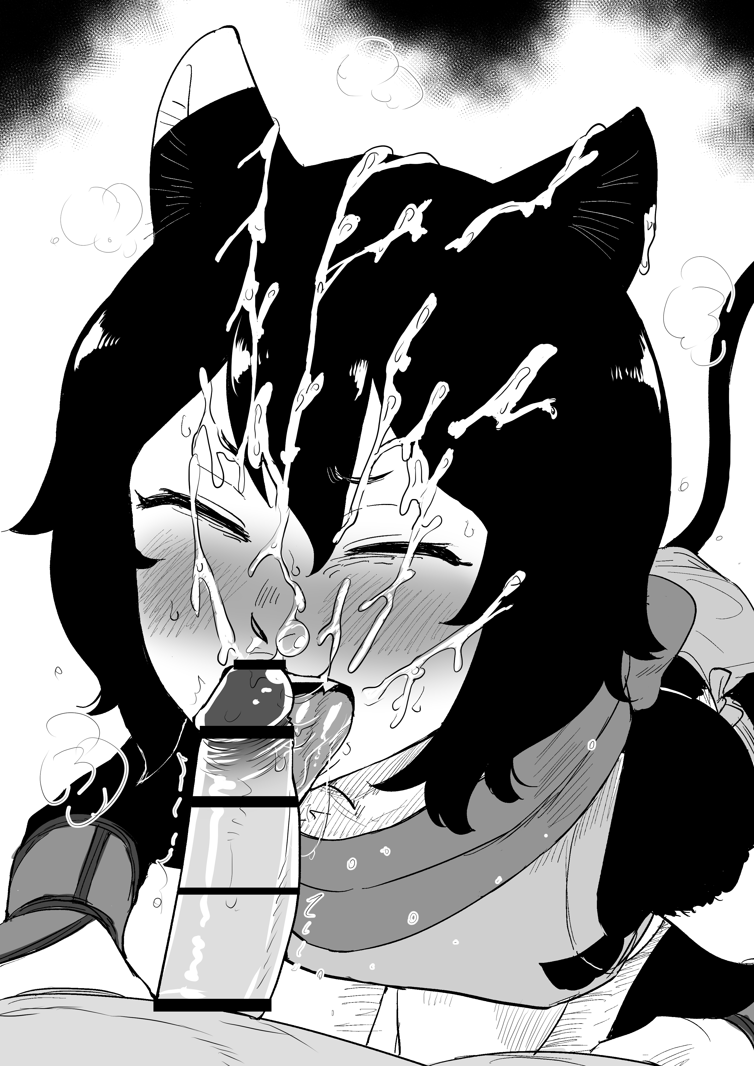 kaiman garupan, izutsumi, dungeon meshi, absurdres, highres, 1boy, 1girl, animal ears, bar censor, blush, body fur, cat ears, cat girl, cat tail, censored, closed eyes, cum, cum on body, cum on hair, ejaculation, erection, facial, greyscale, hetero, monochrome, open mouth, penis, short hair, solo focus, tail, tongue, tongue out