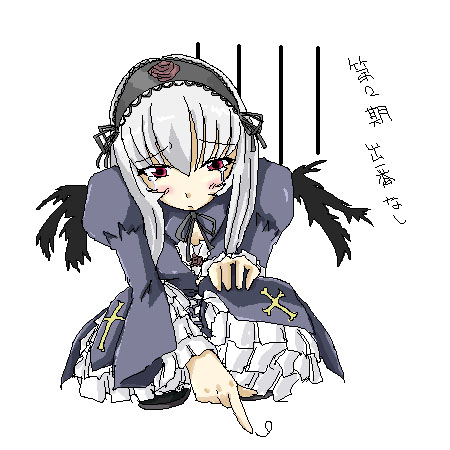 suigintou, rozen maiden, silver hair, lowres, 00s, 1girl, female focus, lolita fashion, pink eyes, simple background, solo, white background