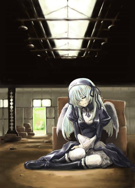 amano takumi, suigintou, rozen maiden, silver hair, 00s, 1girl, black boots, boots, female focus, gothic lolita, hair over one eye, hairband, lolita fashion, long hair, sitting, solo, wings