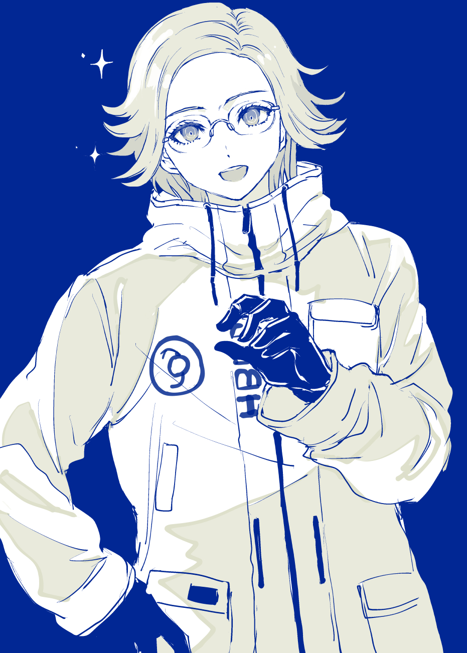 tohri, aotsuki eito, the hundred line -last defense academy-, highres, 1boy, :d, breast pocket, glasses, gloves, greyscale with colored background, hand on own hip, hand up, jacket, looking at viewer, male focus, open mouth, pocket, short hair, simple background, smile, solo, sparkle
