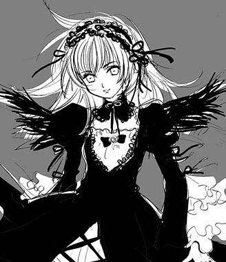 suigintou, rozen maiden, lowres, 00s, 1girl, cross-laced clothes, dress, female focus, grey background, greyscale, hairband, lolita hairband, long sleeves, looking at viewer, monochrome, parted lips, short hair, simple background, solo, upper body, wings