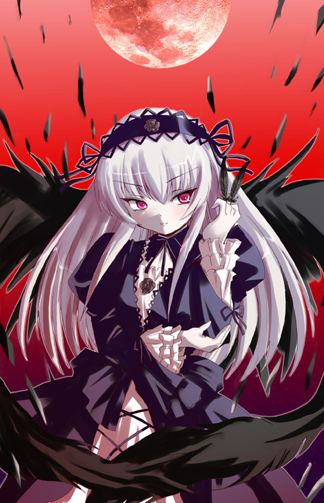 shinshin, suigintou, rozen maiden, silver hair, 00s, 1girl, female focus, moon, pink eyes, red moon, solo, wings
