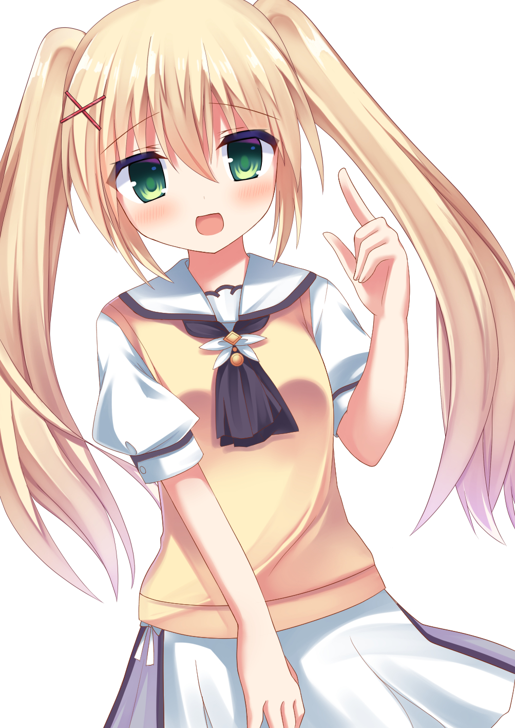 korokoro cat, tsumugi wenders, summer pockets, commentary request, highres, 1girl, :d, ascot, black ascot, blonde hair, blush, cowboy shot, eyes visible through hair, green eyes, hair between eyes, hair ornament, hand up, index finger raised, long hair, looking at viewer, open mouth, puffy short sleeves, puffy sleeves, sailor collar, school uniform, serafuku, shirt, short sleeves, sidelocks, simple background, skirt, smile, solo, straight hair, sweater vest, twintails, very long hair, white background, white sailor collar, white serafuku, white shirt, white skirt, x hair ornament, yellow sweater vest